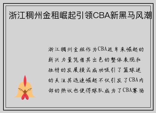 浙江稠州金租崛起引领CBA新黑马风潮